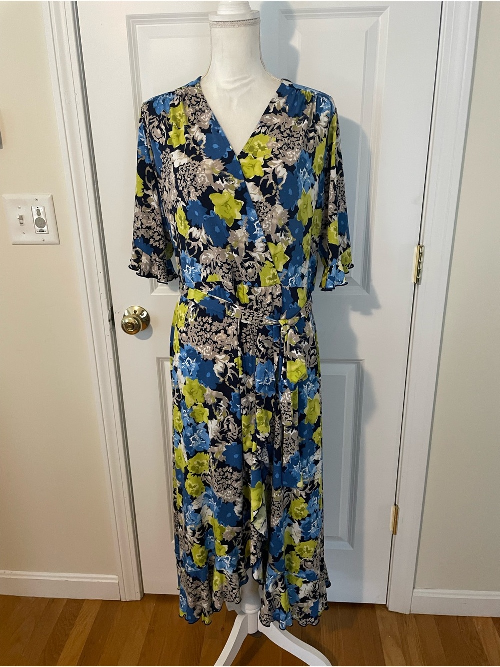 Cato Blue, Lime & Cream Floral Wrap Midi Dress
